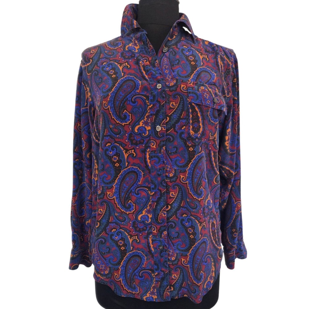 August Silk Purple Paisley Button Up Silk Shirt Office Career Retro Women's S/M